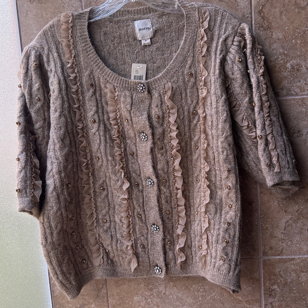 Maeve Ruffled Embellished Short Sleeve Cardigan Sweater Sparkle Anthropologie XL - Picture 14 of 16